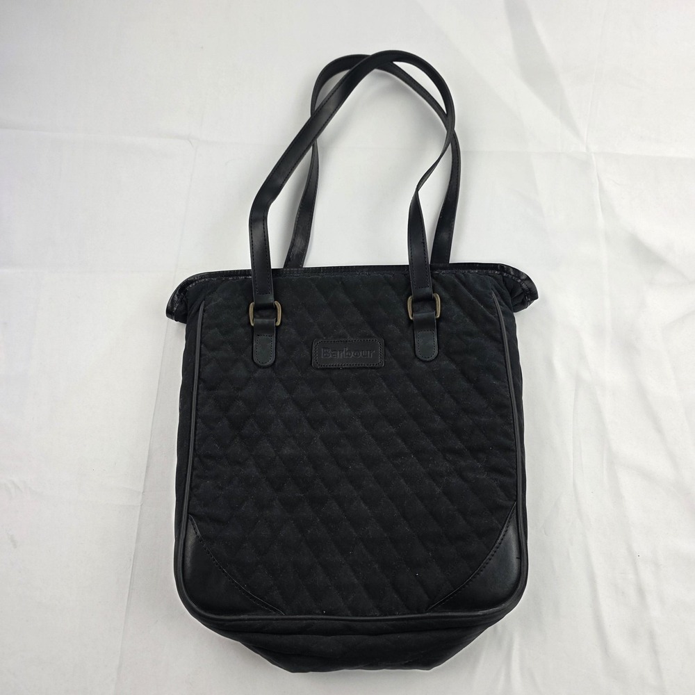 Barbour Tote Bag Womens Medium Black Quilted Nylon Leather Zip Plaid Lining